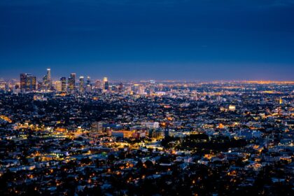 City lights glowing below during blue hour from above