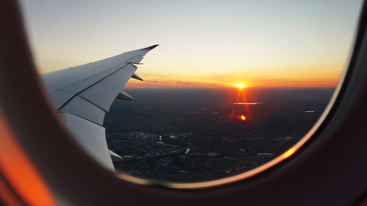 Travel adventure cityscape aerial view at sunset