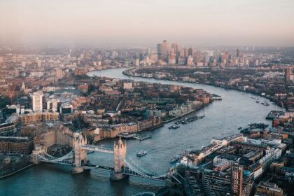 London rooftops and Thames River from The Shard tower