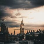 London skyline glowing warm orange during golden hour dusk