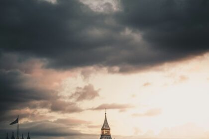 London skyline glowing warm orange during golden hour dusk