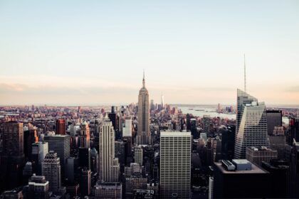 New York City skyline viewed from high observation deck glass