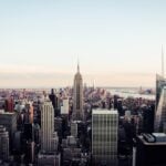 New York City skyline seen from high above at sunset