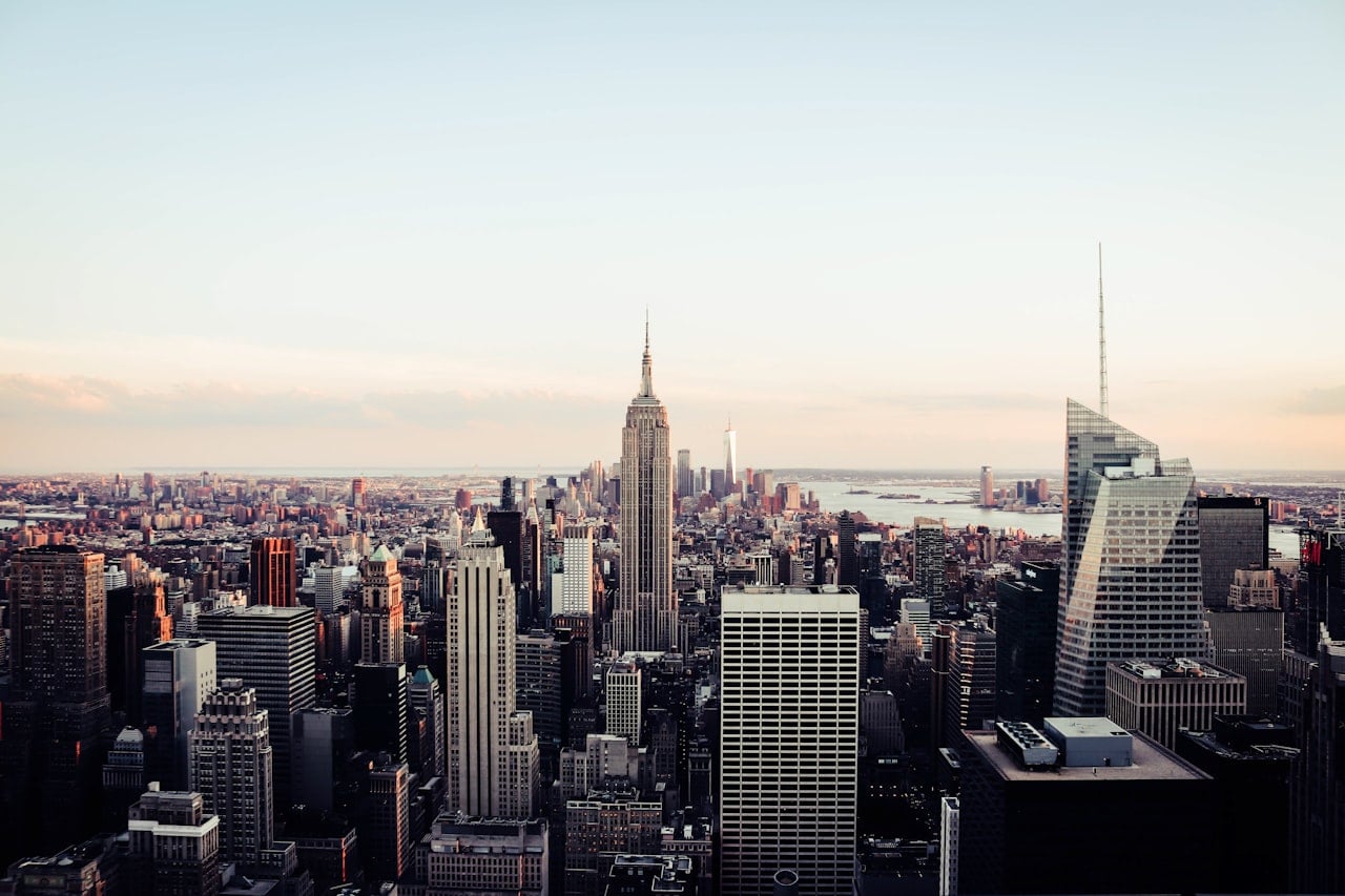 New York City skyline seen from high above at sunset
