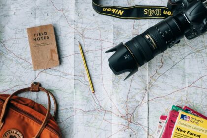 Travel passport documents map and camera on wooden table