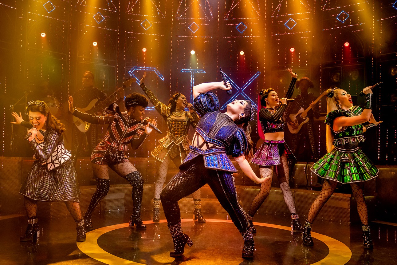 Cast of SIX The Musical performing on stage at Nimax Theatres London West End