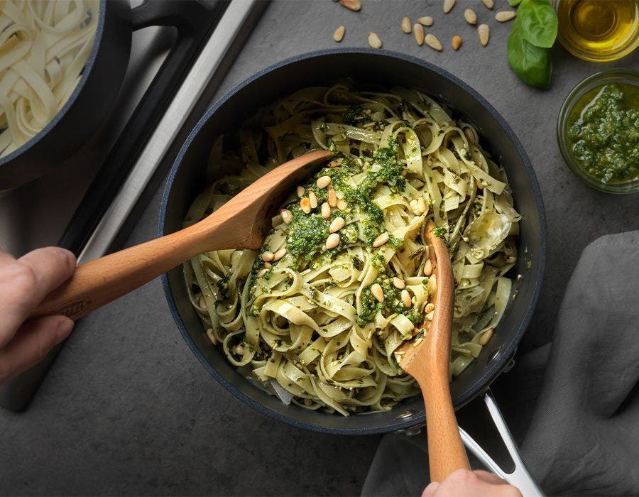 Wild garlic pesto tagliatelle pasta dish cooked using Stellar kitchenware