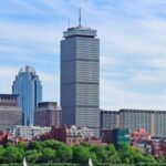Aerial view of Boston skyline and harbour from above
