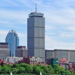 Aerial view of Boston skyline and harbour from above