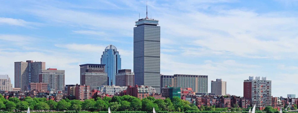 Aerial view of Boston skyline and harbour from above