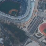 Aerial view of Yankee Stadium and the surrounding Bronx in New York City