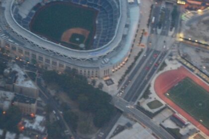 Aerial view of Yankee Stadium and the surrounding Bronx in New York City
