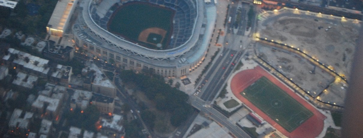 Aerial view of Yankee Stadium and the surrounding Bronx in New York City