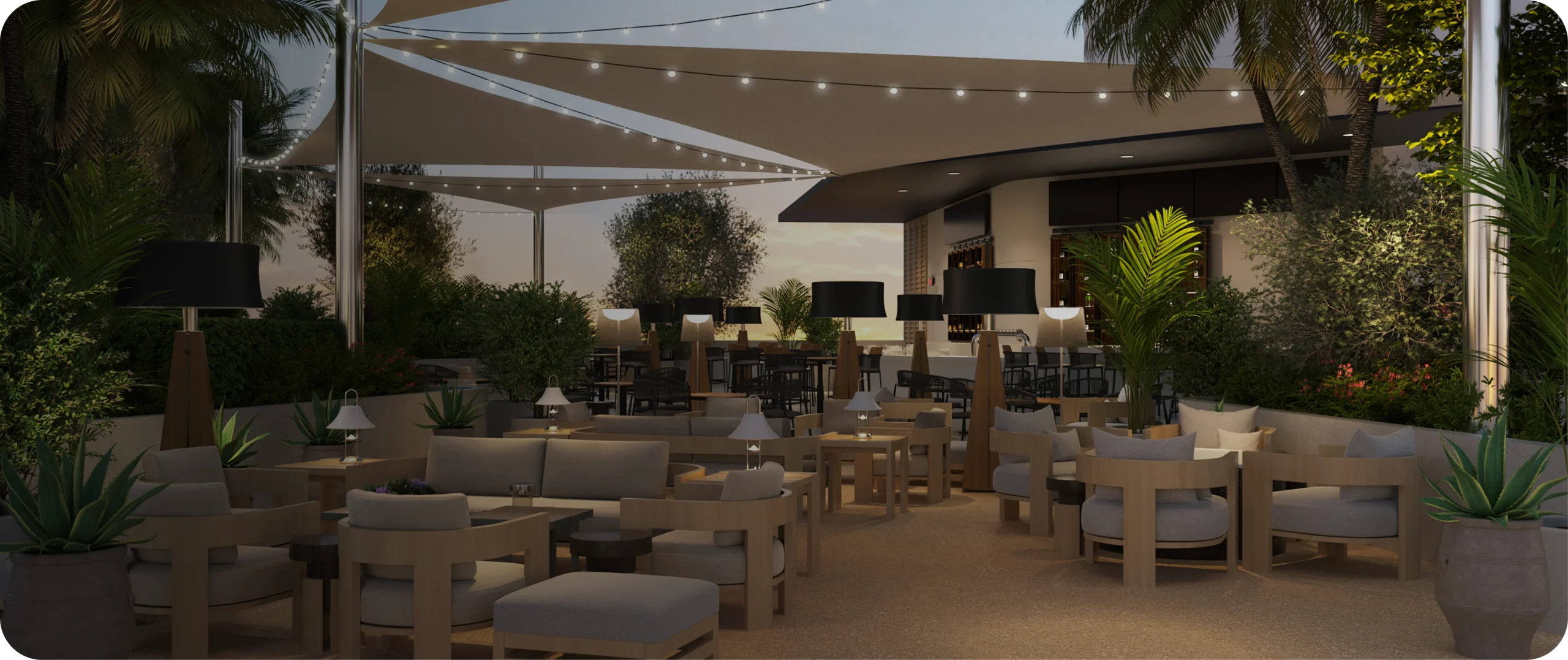 The outdoor Deck terrace at Cosm with guests enjoying drinks before an event