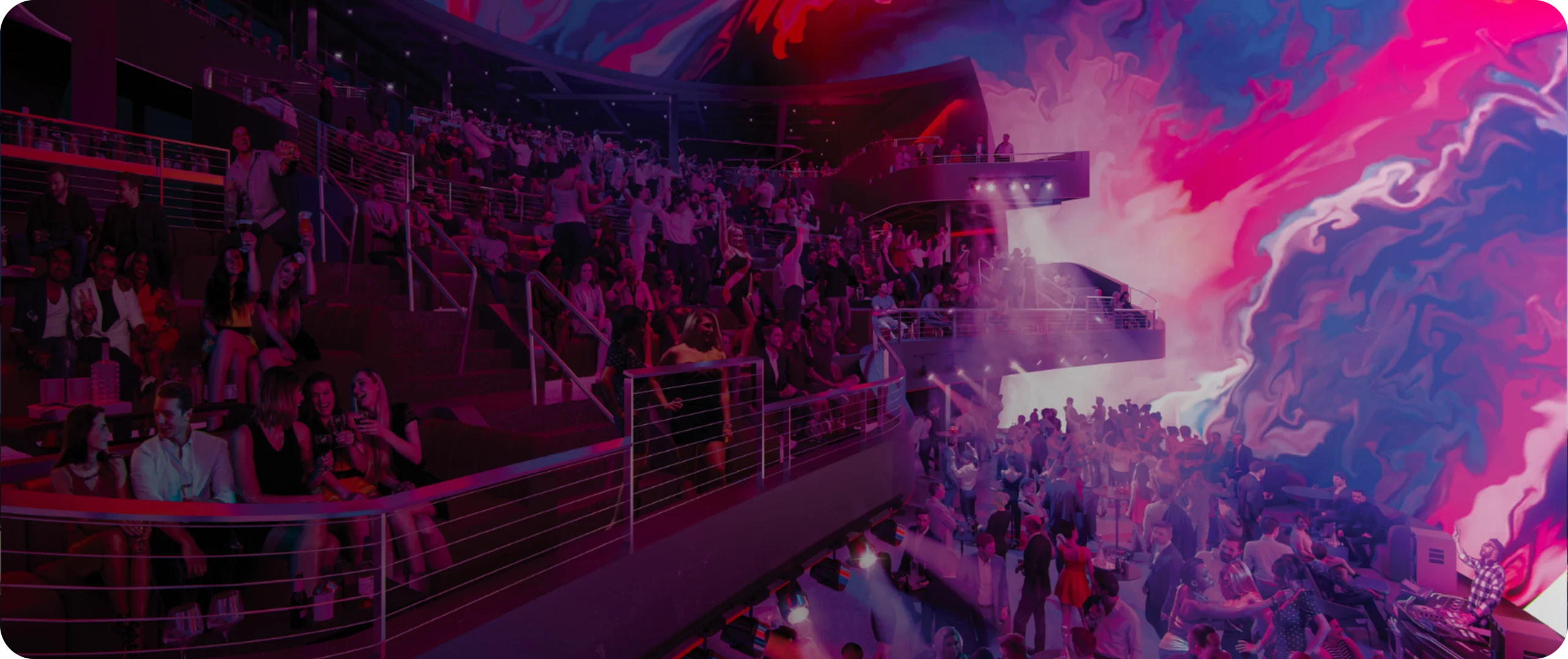 Panoramic view of the massive curved LED screen inside The Dome at Cosm