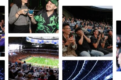 Mosaic of fan moments at Cosm venues, from sports screenings to immersive shows