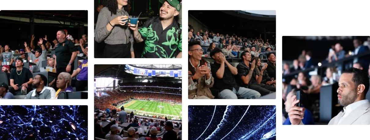 Mosaic of fan moments at Cosm venues, from sports screenings to immersive shows