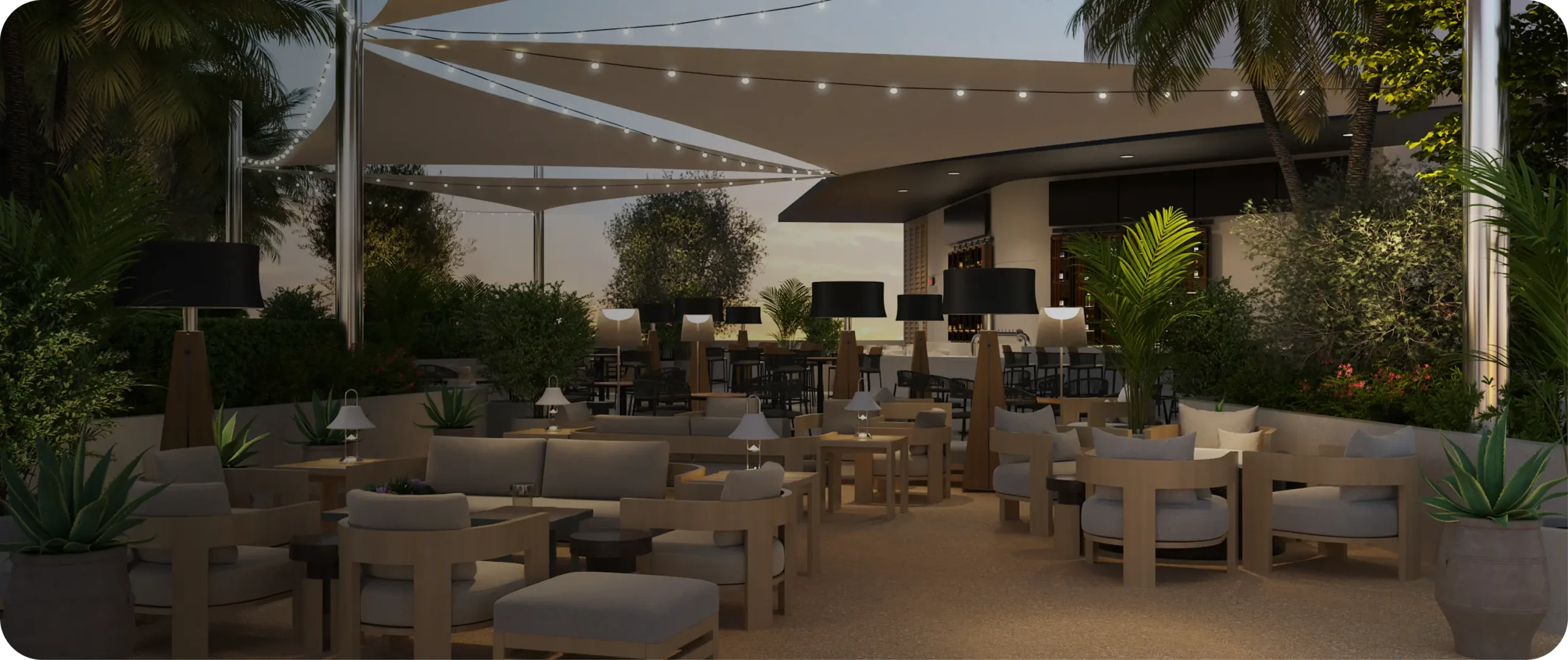 The outdoor Deck terrace at Cosm Los Angeles overlooking Hollywood Park