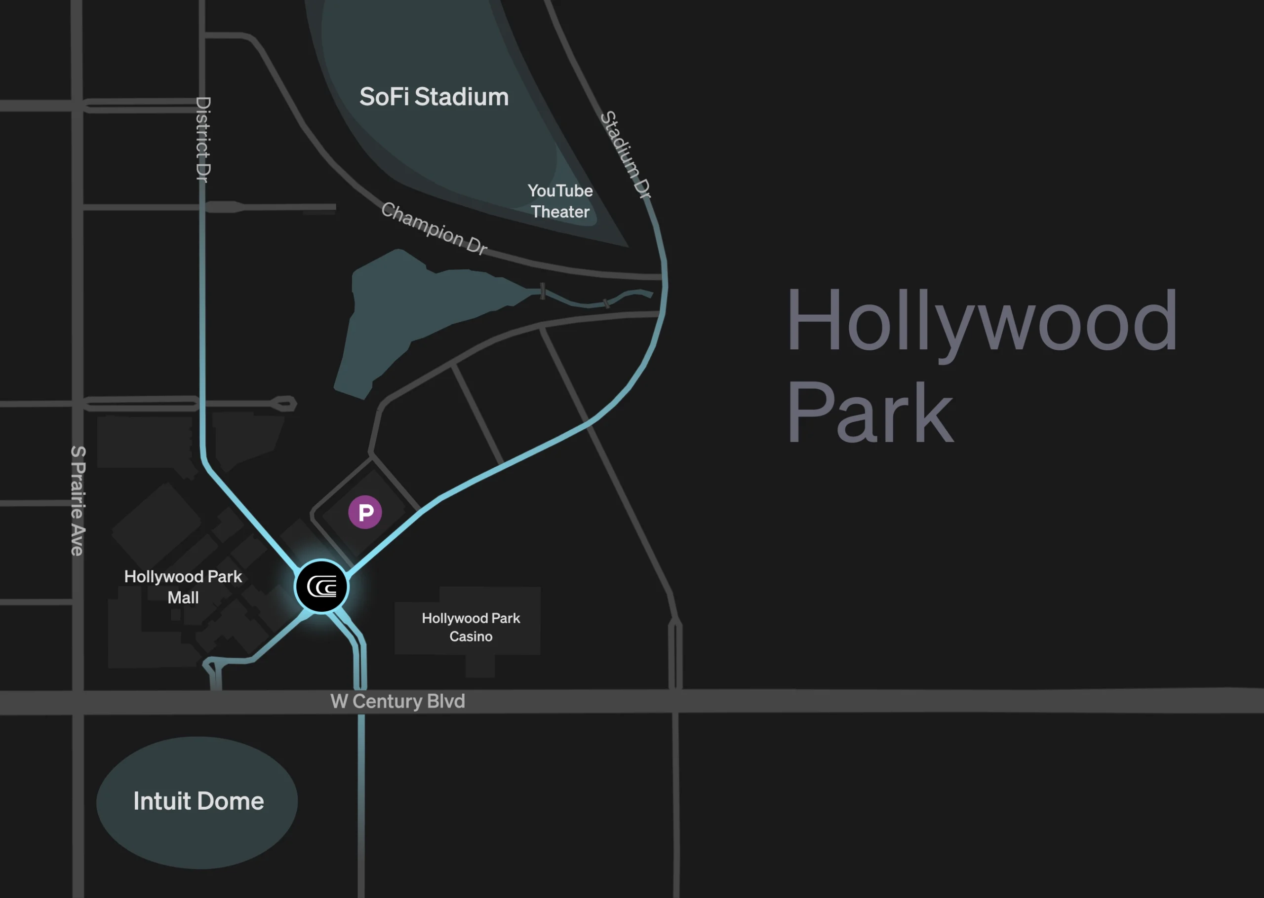 Map of Cosm Los Angeles at Hollywood Park with parking areas marked