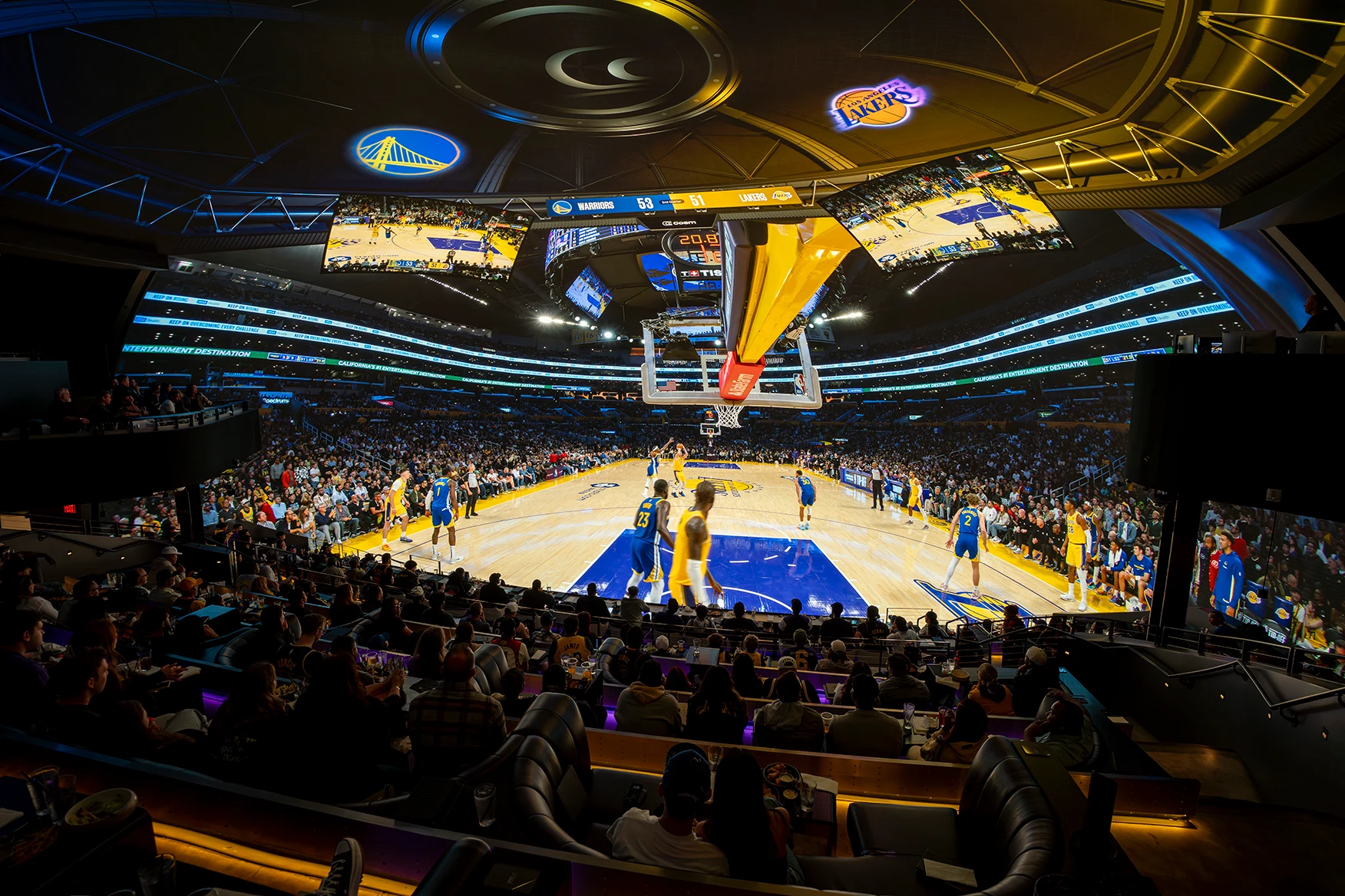 An NBA game between the Lakers and Warriors filling the 87-foot Shared Reality dome at Cosm