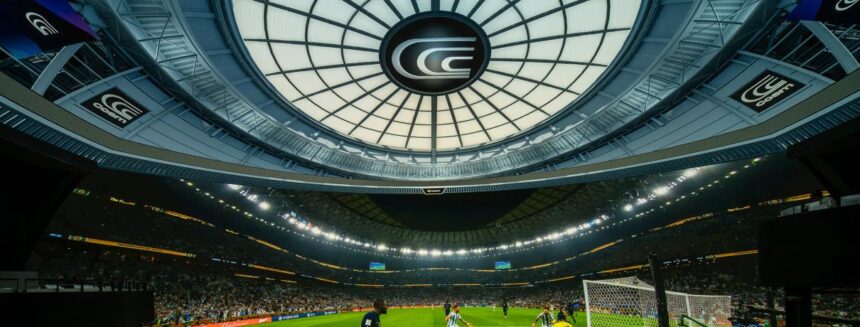 Fans watching a FIFA World Cup 2026 match on the giant wraparound LED dome at Cosm