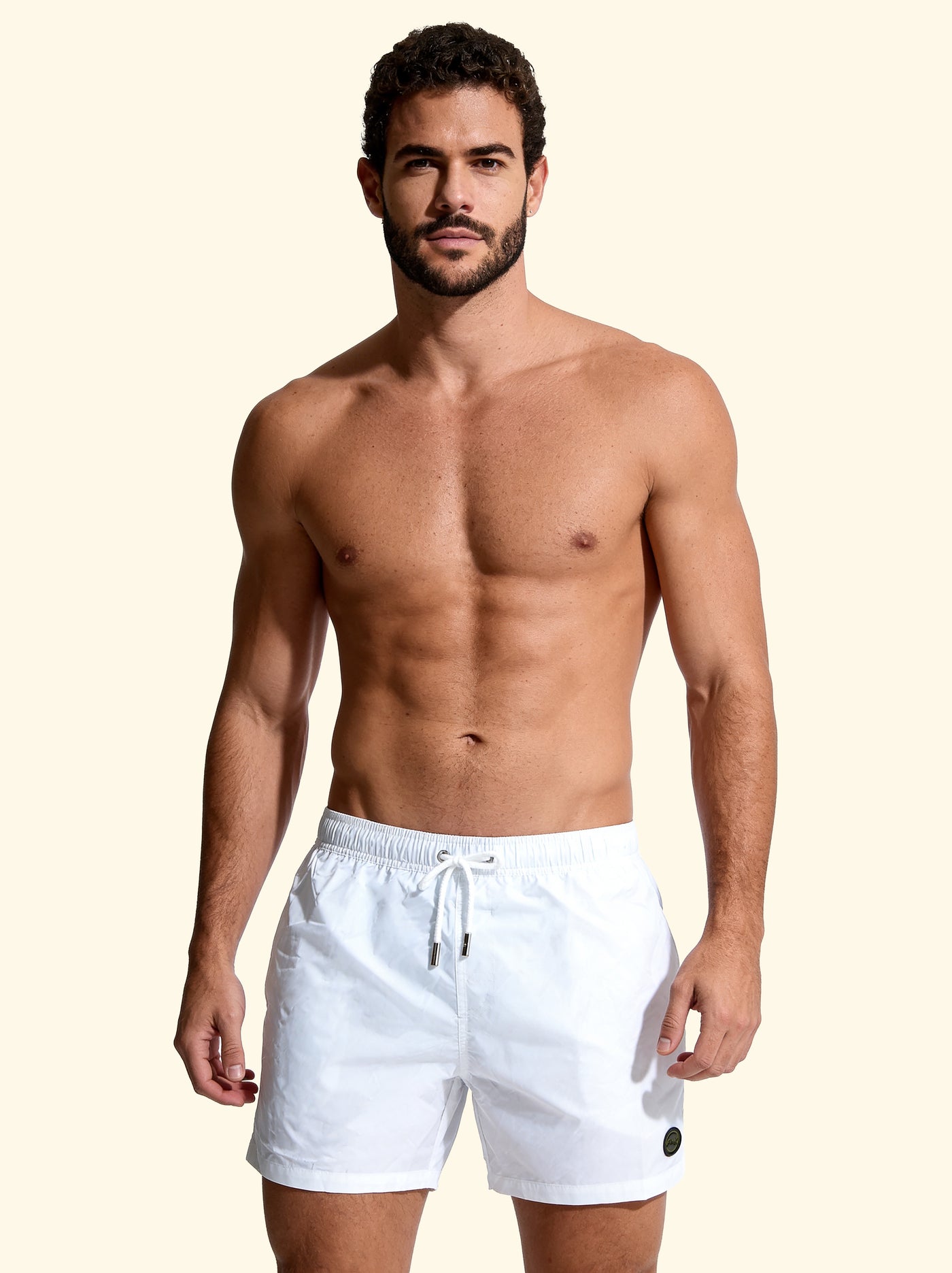 F**K white men's swim shorts with adjustable waist