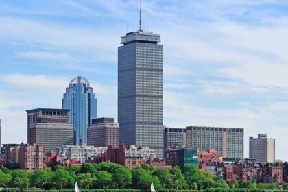Aerial view of Boston skyline and harbour from above