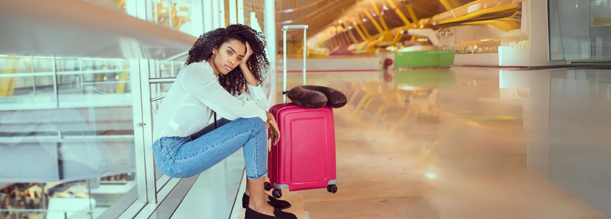 Viajera sentada en un aeropuerto con su equipaje