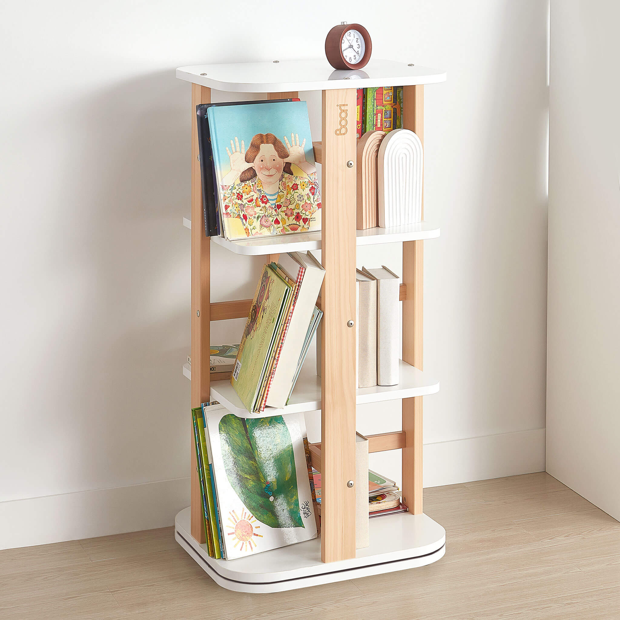 Boori Tidy Rotating Bookshelf in a colourful room