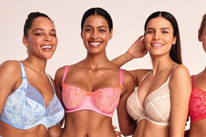 Four women modelling colourful Bravissimo fuller-bust lingerie together