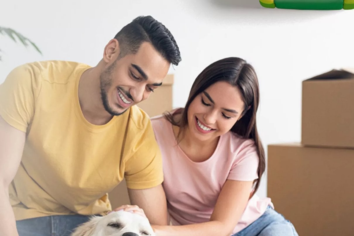 Coppia con cane e scatole in un ambiente domestico