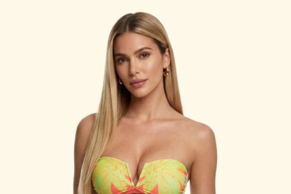 F**K beachwear model in a patterned swimwear look