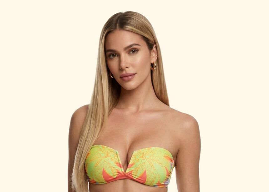 F**K beachwear model in a patterned swimwear look
