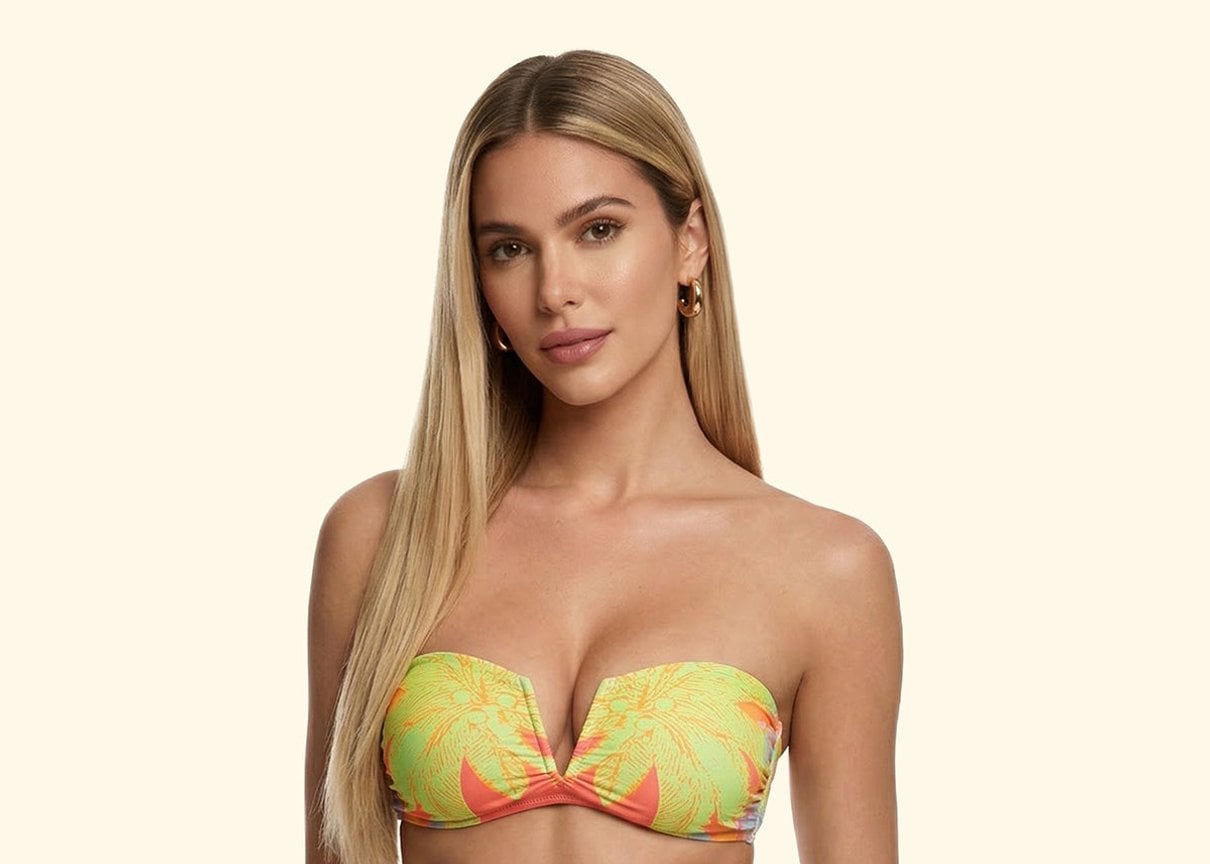 F**K beachwear model in a patterned swimwear look