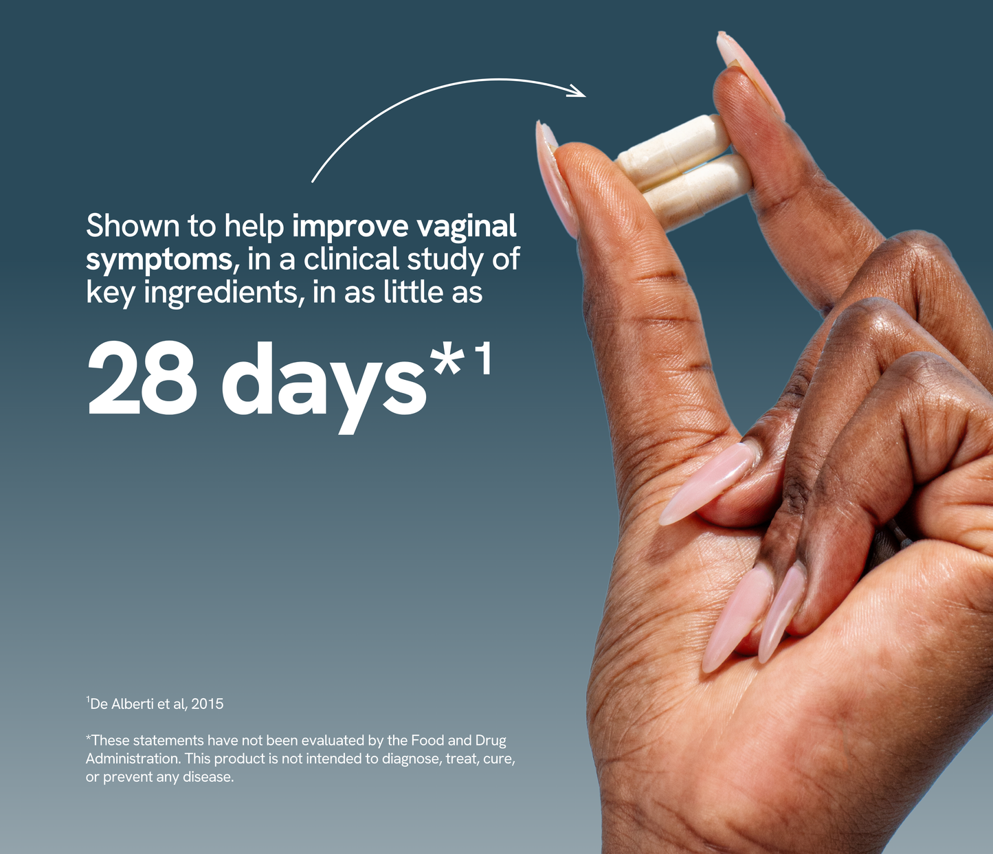 A hand holding two Happy V supplement capsules