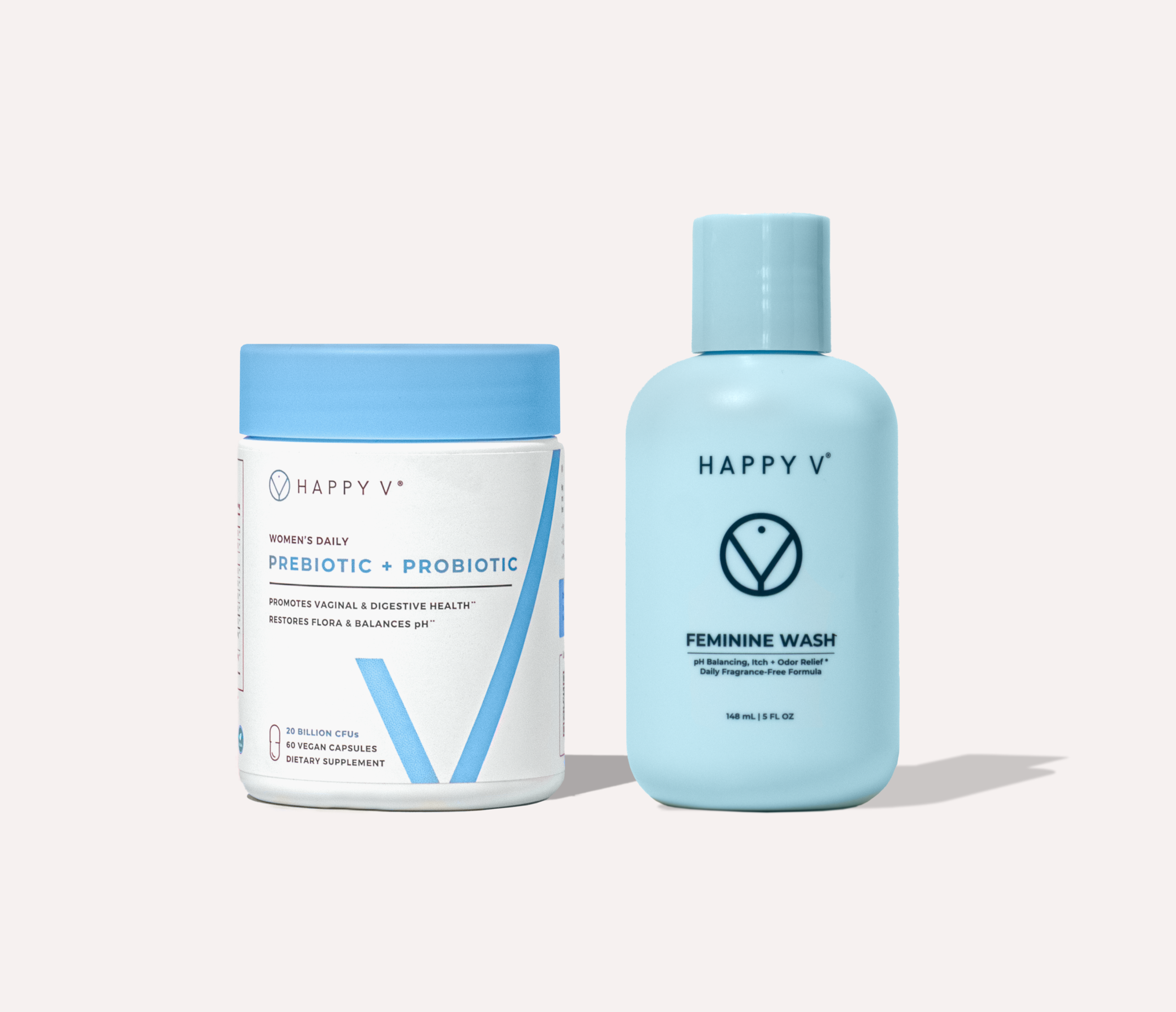 Happy V pH Balance Kit with feminine wash and supplement bottle