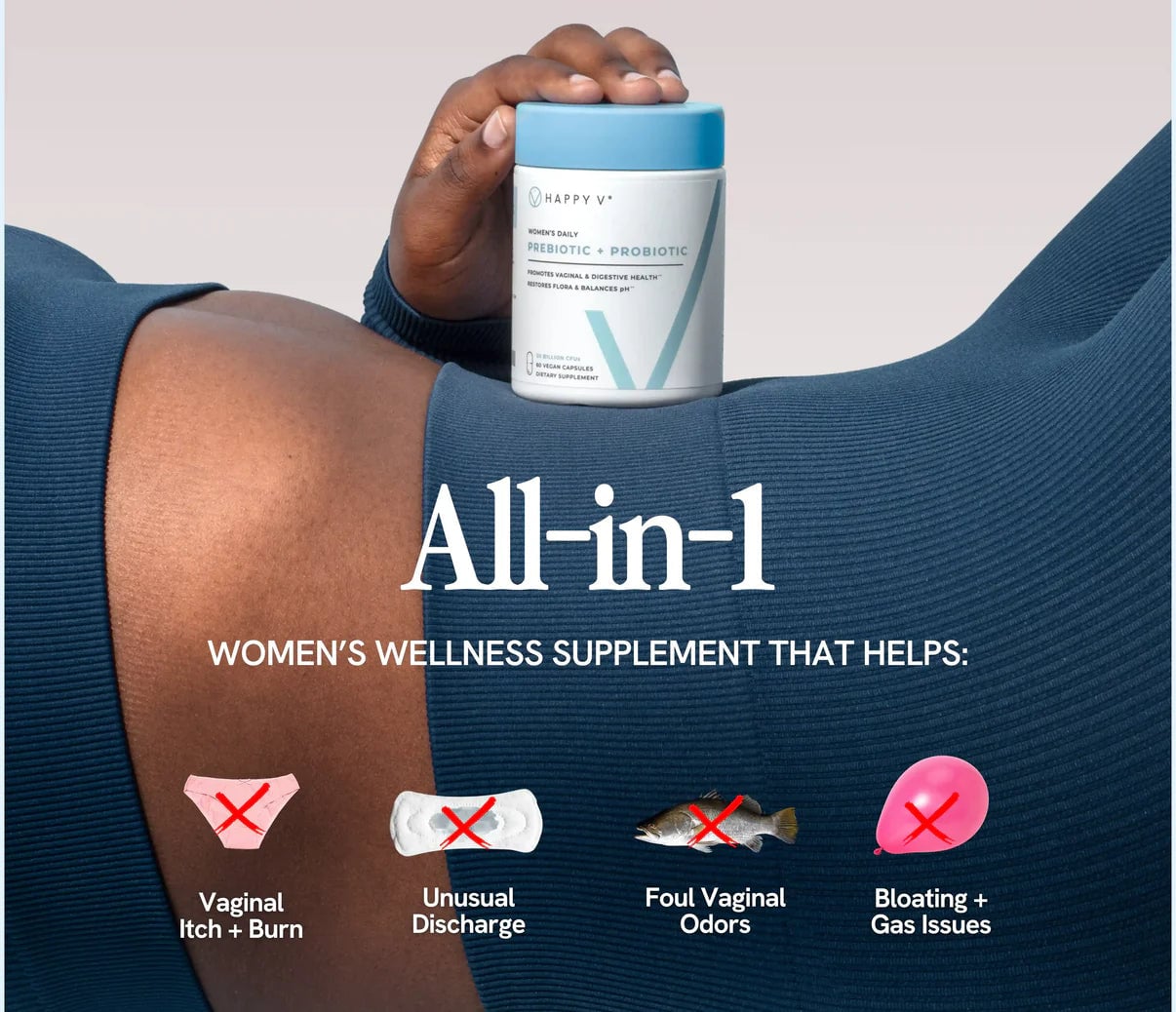 Hands holding Happy V Prebiotic and Probiotic supplements