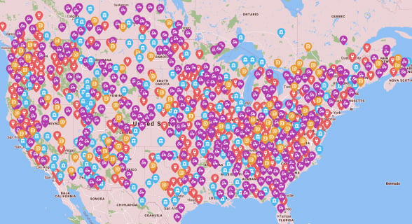 Map showing Harvest Hosts locations across North America