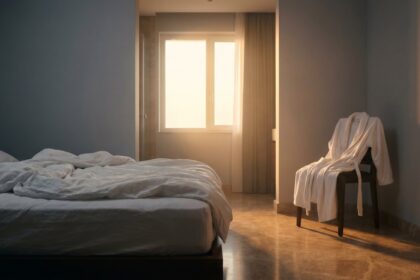 Helles Schlafzimmer mit gefaltetem Bademantel und Wellness-Atmosphäre