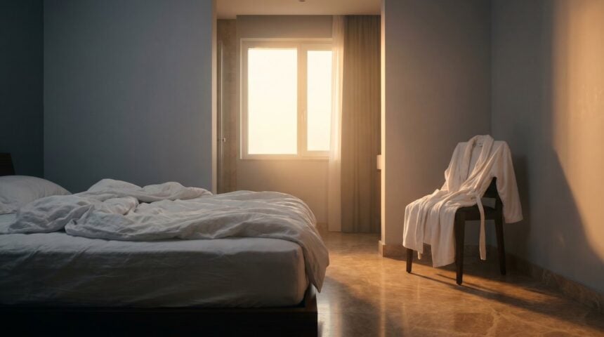 Helles Schlafzimmer mit gefaltetem Bademantel und Wellness-Atmosphäre