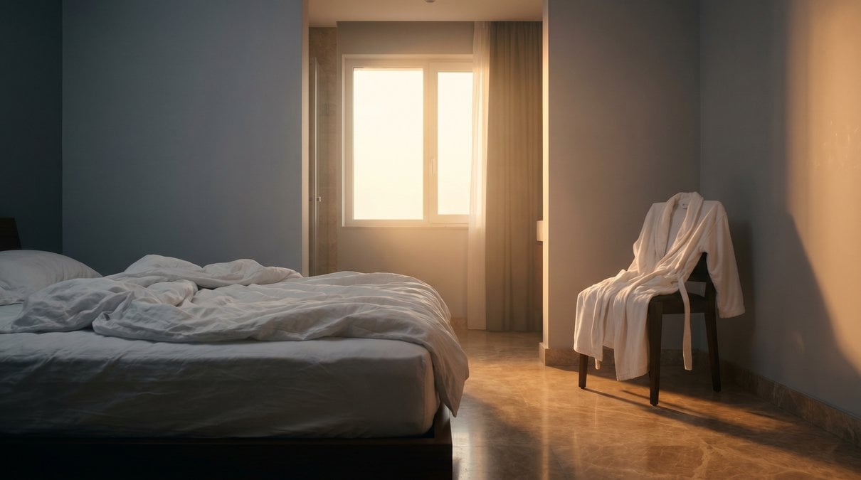 Helles Schlafzimmer mit gefaltetem Bademantel und Wellness-Atmosphäre