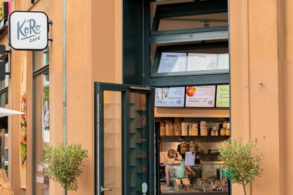 Frau vor dem KoRo Café in Berlin mit dem Café-Schild im Hintergrund