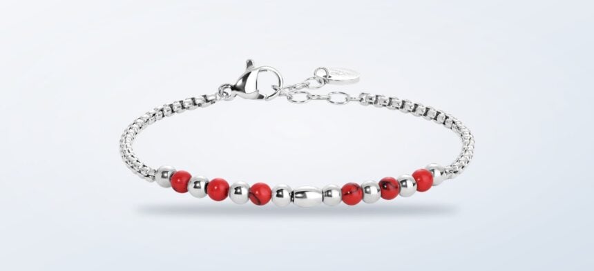 Bracciale da bambino Luca Barra in acciaio con sfere e pietre rosse