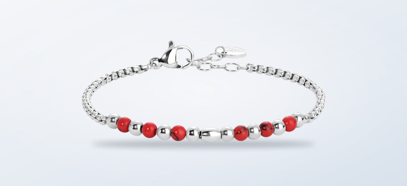 Bracciale da bambino Luca Barra in acciaio con sfere e pietre rosse