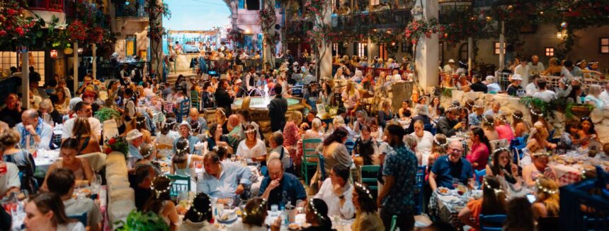 Packed Nikos taverna set with guests in flower crowns at Mamma Mia! The Party
