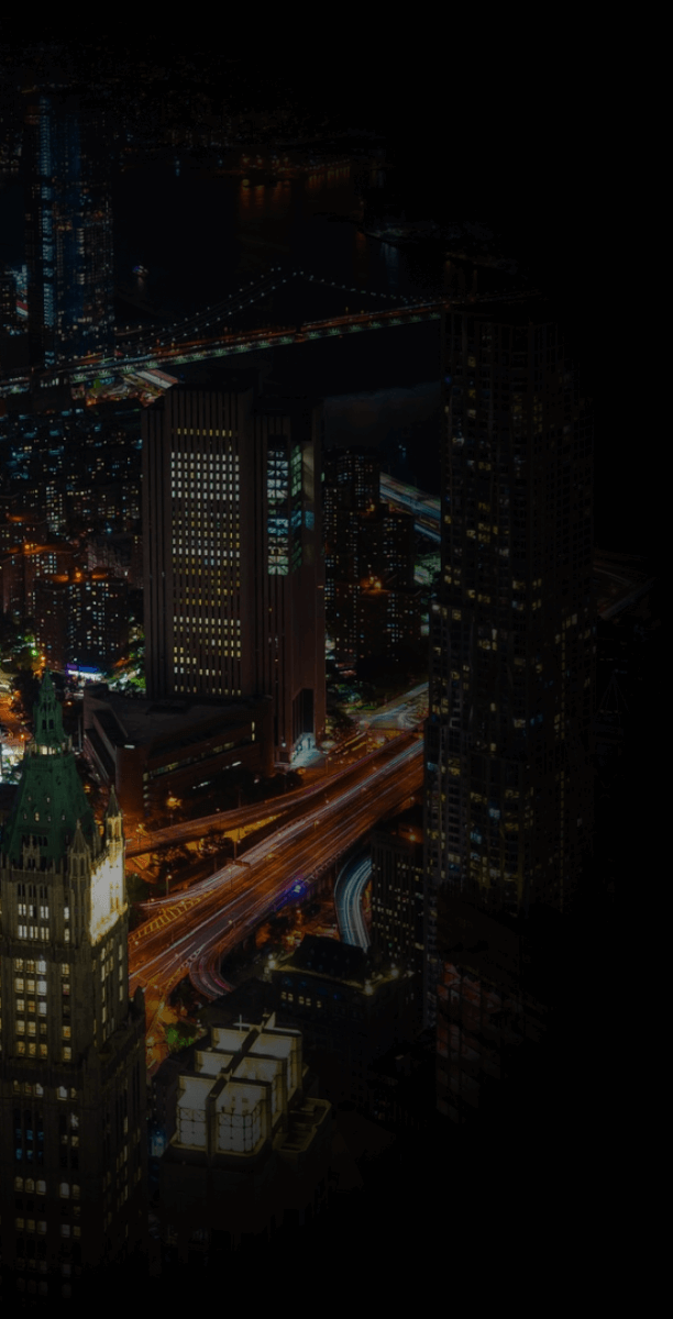 Nighttime aerial view of Lower Manhattan from One World Observatory