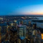 The Manhattan skyline at dusk seen from One World Observatory