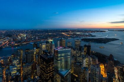 The Manhattan skyline at dusk seen from One World Observatory