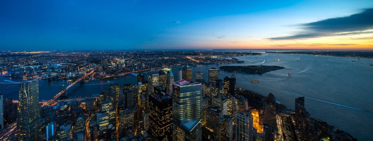 The Manhattan skyline at dusk seen from One World Observatory