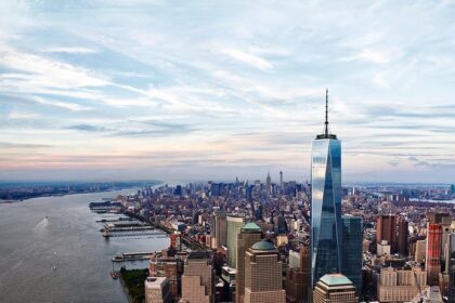 Panoramic daytime Manhattan skyline from One World Observatory